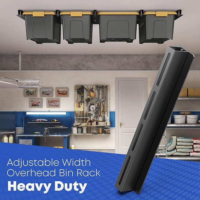 Overhead Garage Storage Rack, Garage Ceiling Storage Racks, Heavy Duty Storage Bin Ceiling Rails for 27 Gallon Totes，Tote Storage Rack System -Black (9 Sets for 8 Bins)