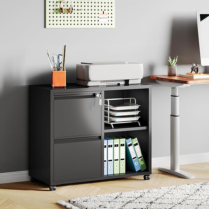 DEVAISE Lateral File Cabinet with 2 Drawers, Mobile Metal Filing Cabinet with Lock for Home Office Storage, Printer Stand with Adjustable Shelf - Black