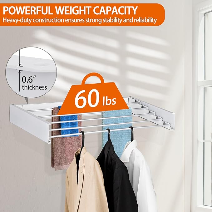 FOCHIER F Laundry Drying Rack Wall Mounted Clothes Drying Rack Collapsible with 5 Aluminum Rods and Drilling Template Long Screwdriver Bit 60 lbs Capacity (White, 40")