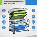 4-Tier Paper Organizer + 3-Pocket File Holder + Drawer + Pen Holders, Desktop File Organizers Paper Tray for Office Supplies School Classroom Organization (Black, No Drawer & Pen Holder)