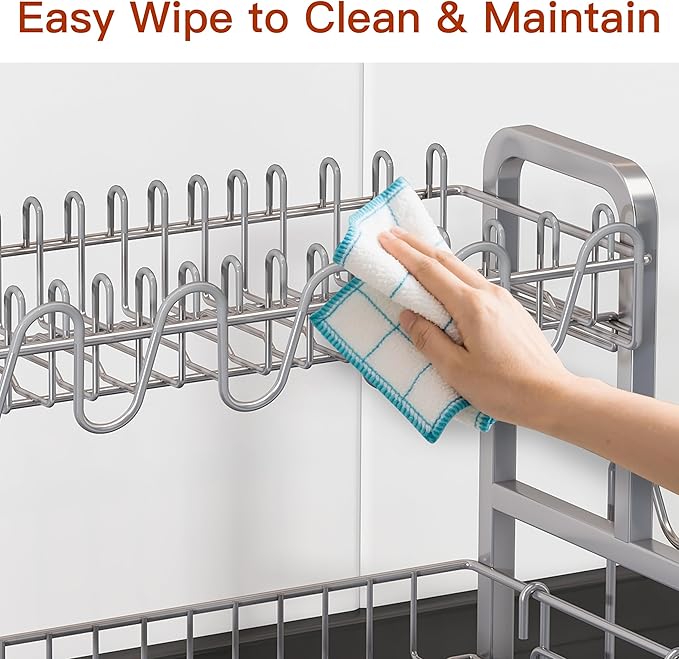 2 Tier Dish Drainers Drying Rack for Kitchen Counter Large Stainless Steel Dishes Drain with Drainboard, Space Saving, Big Modern Silver Countertop Metal Plates Dryer Strainer Holder and Extra Tray