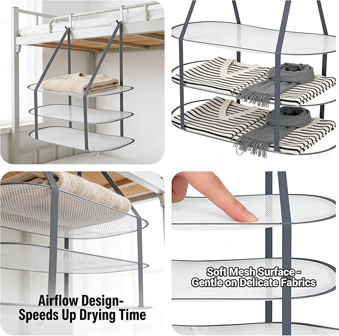 2PCS Sweater Drying Rack Hanging on Door Dryer Flat Portable Collapsible Mesh Large Laundry Clothes Drying Rack Room Organization 3 Tier