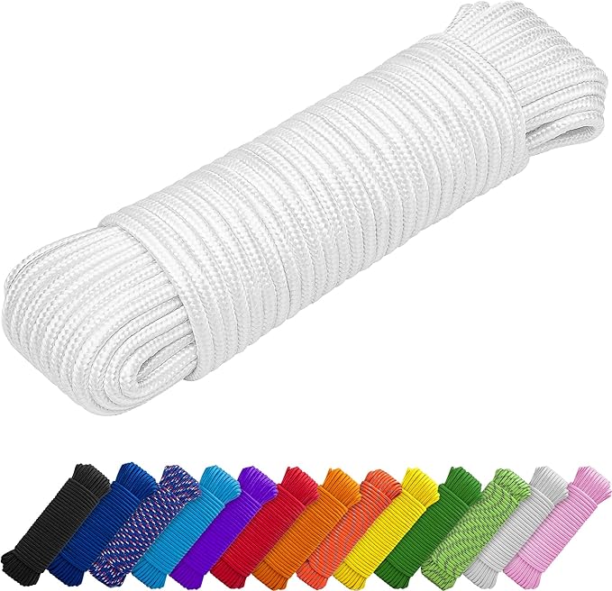 TECEUM Clothes Line & Flag Pole Rope – 1/4” & 3/8” – 90 FT | 150 FT – Strong All-Purpose Utility Rope – Camping, Crafting, Indoor & Outdoor – Polypropylene Nylon Lightweight Diamond Braided Cord White