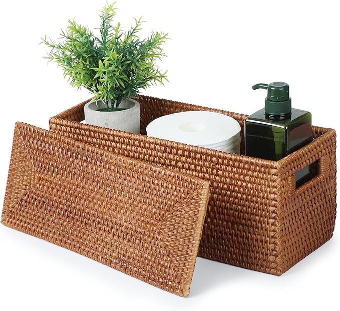 YANGQIHOME Toilet Paper Basket, Rattan Toilet Tank Basket for Bathroom, Wicker Baskets with Lid for Storage, Brown