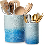LOVECASA Utensil Holder, 7.2"+5.4" Ceramic Utensil Holder for Countertop, Large Cooking Utensil Crocks for Kitchen Counter, Farmhouse Utensil Vase for Housewarming, Kitchen Decor, Set of 2, Oceans
