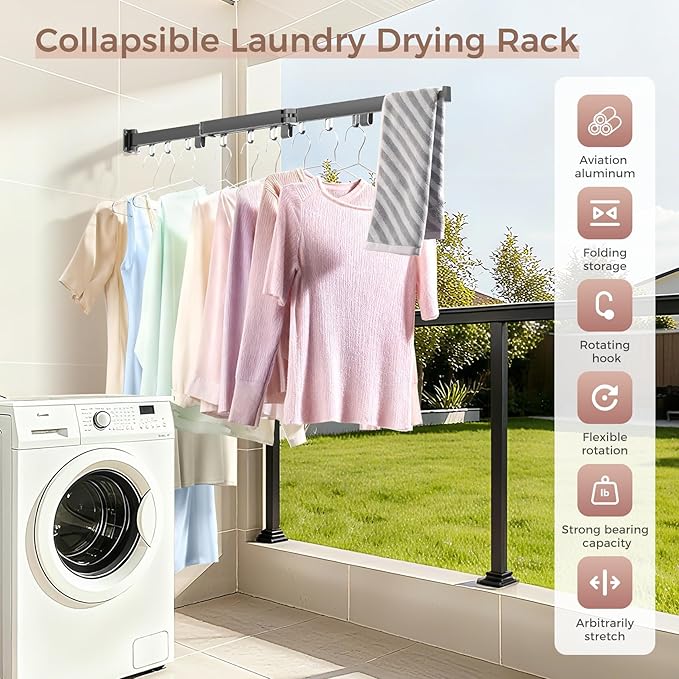 Wall Mounted Clothes Drying Rack, Space-Saving Foldable Clothes Drying Rack, Wall Clothes Hanger with 18 Hooks for Indoor & Outdoor Use in Laundry Room, Bathroom & Balcony