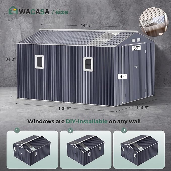 WACASA 10x12 FT Metal Shed with Base Frame Floor Kit | Heavy-Duty Military-Grade 20-Gauge Reinforced Frame with Powder Coating | 50 PSF Snow Load & 120 MPH Wind Rated | Skylight Tiny House Building