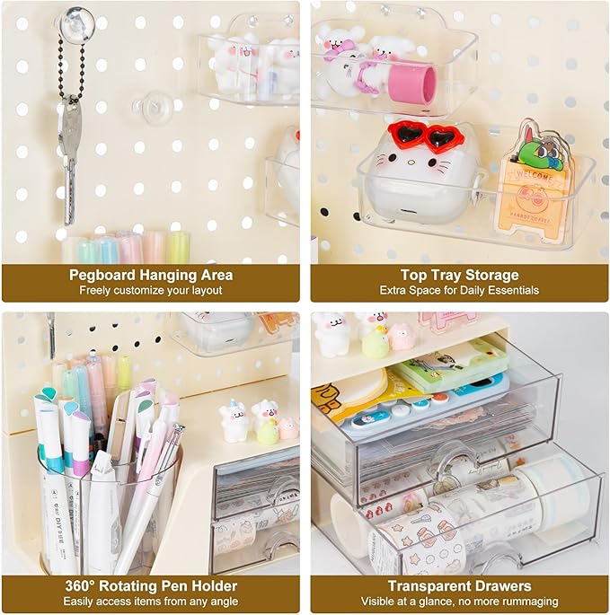Comix Desk Organizer with 2 Drawer, Multifunctional Pen Holder for Desk, Desktop Organizer with Pegboard + Drawer + 5 Slots Pencil Holder for Office Home Art Supplies (White)