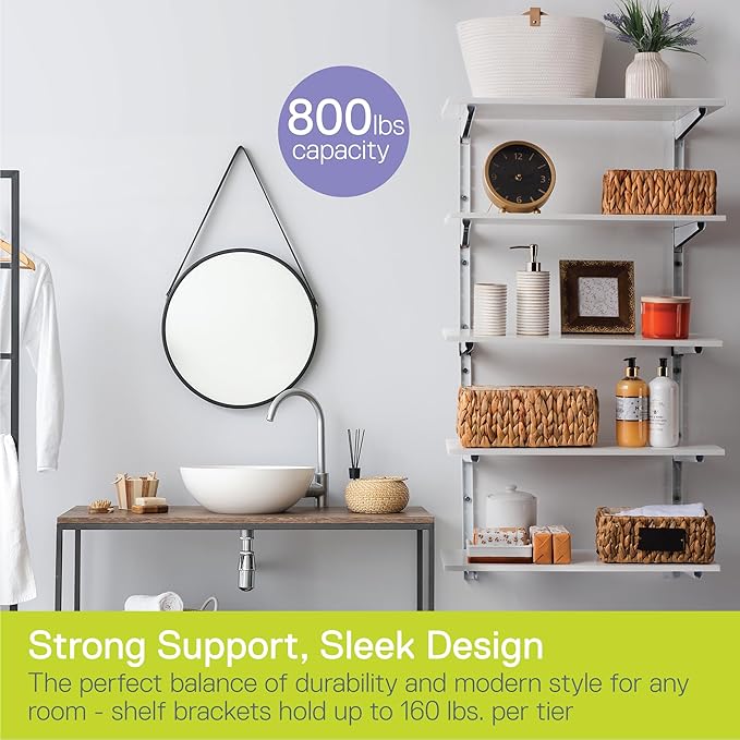Minimalistic White Shelf Brackets by Delta Cycle, Set of 10 Fully Adjustable 12-inch Heavy Duty Shelf Brackets, Holds Up to 800 lbs, Modern Shelf Bracket for Wood Shelves