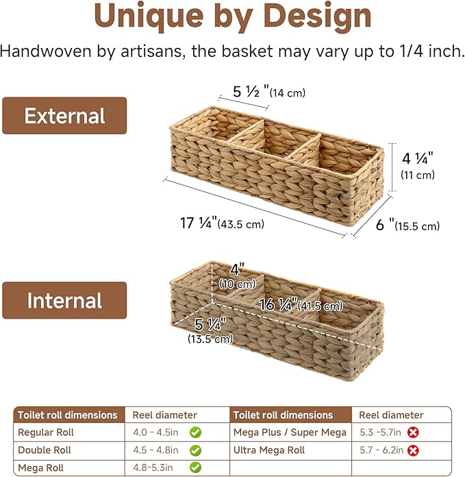 StorageWorks Toilet Paper Basket for Back of Toliet, Toilet Tank Basket with 3 Large Compartments, Water Hyacinth Toilet Paper Storage Baskets, 16½"x 5½"x 5½", 2-Pack