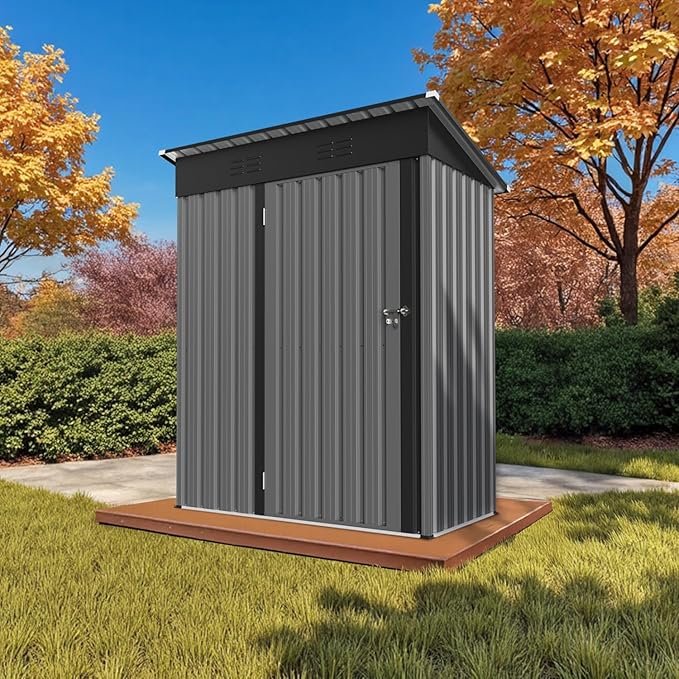 5' x 3' Outdoor Storage Shed, Sturdy Metal Building w/Floor and Lockable Doors for Garden, Backyard, Poolside and Lawn, Grey