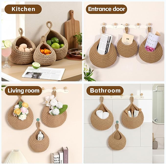 Hanging Storage Baskets Boho Decor Set of 3, Handmade Cotton Rope Wall-Mounted Fruit & Vegetable Baskets, Decorative Hanging Organizers for Kitchen, Entryway, Bathroom & Bedroom