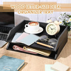 2 Pcs Wooden Letter Tray Wood Letter-Size Desk Organizer Heavy Duty 2 Tier Stackable Support Paper Tray Desktop Drawer File Folder Magazine Office Accessories Back to School(Black)