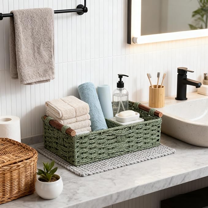 Back of Toilet Basket with Wood Handles, Green Wicker Toilet Paper Basket for Toilet Tank Top, Narrow Toilet Tank Basket, Bathroom Basket Organizer for Wipes & Essentials