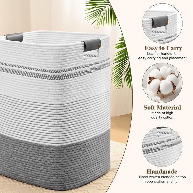 Laundry Hamper, 95L Tall Laundry Basket with Leather Handles, Rectangle Large Clothes Hamper for Organizing, Cotton Woven Laundry Baskets Storage Hampers for Bedroom, Nursery, Living Room