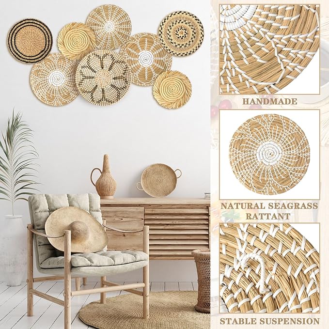 Xuhal 8 Pcs Boho Wall Basket Decor Decorative Bulrush Woven Basket Wall Decor Rustic Farmhouse Hanging Baskets for Kitchen Rustic Home Summer Decorations