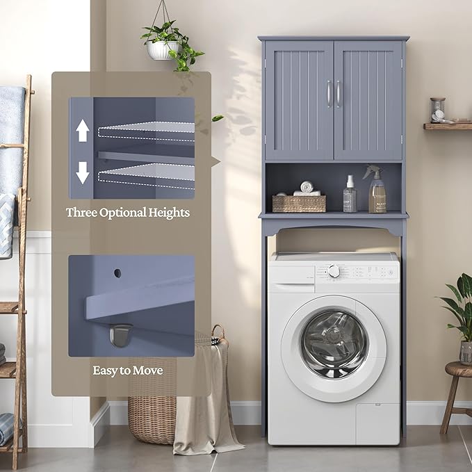 Topeakmart Over the Toilet Storage, Bathroom Storage Organizer with 2 Doors and Adjustable Shelf, L24.5xW9xH66 Inches, Gray