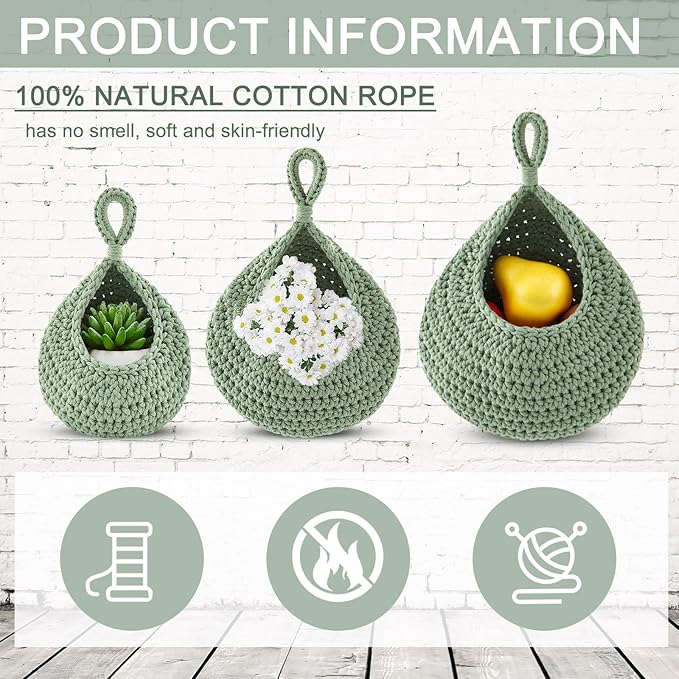 Honeydak Boho Decor Hanging Wall Baskets for Kitchen 3 Pack Teardrop Baskets with Hooks Storage Fruit Onion Vegetable Potato for Home 3 Sizes