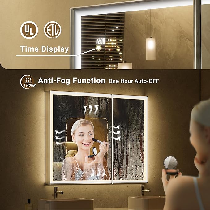 36x30 Lighted Medicine Cabinet with Mirror, Beveled Brushed Nickel Framed Surface or Recessed Fogless Dimmable LED Medicine Cabinet with Lights, Outlet, Time Display and Sensor Inner Light