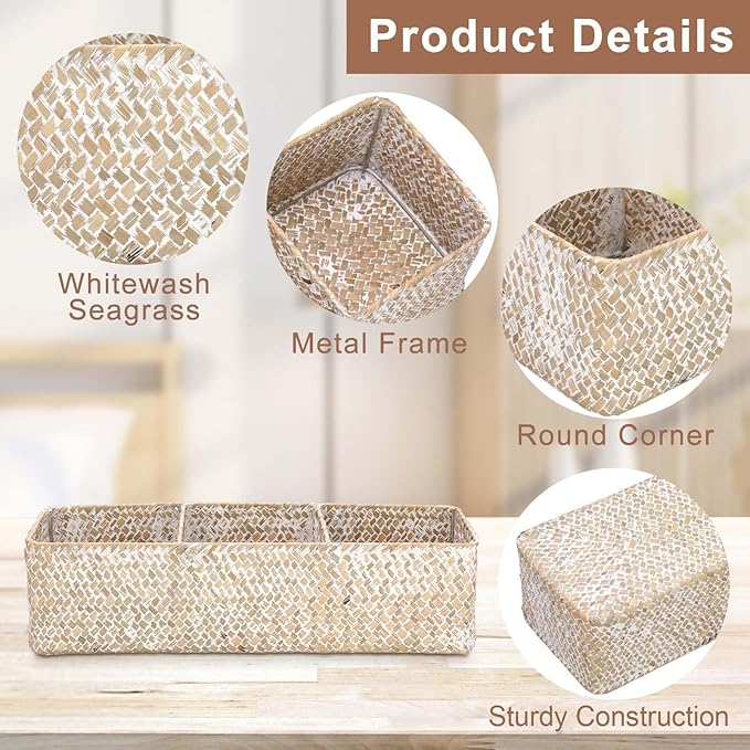 Hipiwe Handwoven Seagrass Storage Basket 3 Sections Toilet Tank Paper Basket Wicker Shelf Basket for Pantry Kitchen Living Room Home Decor, Whitewash
