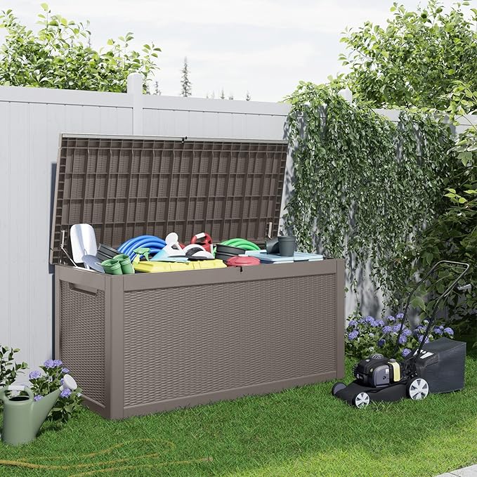 320 Gallon Large Deck Box,Resin Outdoor Storage Box with Lockable for Patio Furniture, Pool Accessories, Garden Tools Waterproof Outside Storage Box, Grey