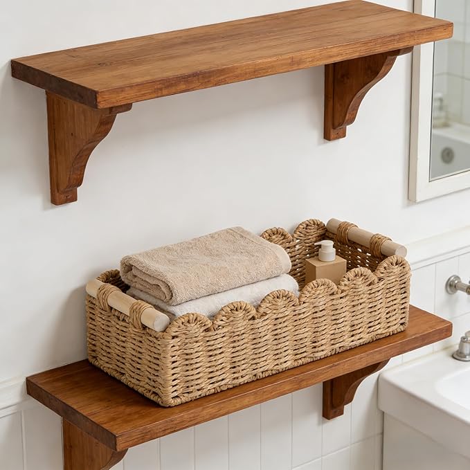 Scalloped Edge Bathroom Counter Organizer Basket with Wooden Handles, Khaki Paper Rope Toilet Tank Top Basket, Toilet Paper Storage Basket for Vanity, Shelves – 14" x 6.3" x 3.9"