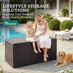 YITAHOME 110 Gallon Outdoor Deck Box, Waterproof Resin Storage Box with Lock, Lockable Patio Furniture Bin, 2-Person Bench Seating for Outdoor Cushions, Garden Tools & Sports/Pool Supplies, Dark Brown