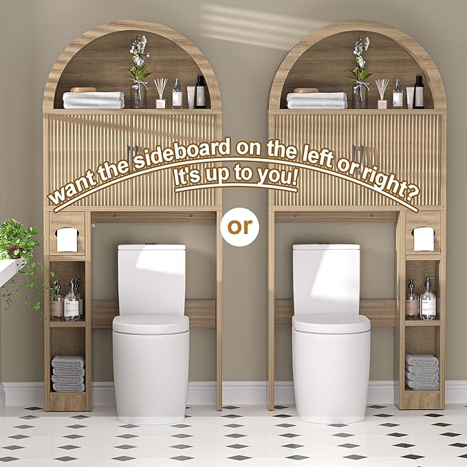 AHB Over The Toilet Storage Cabinet, Freestanding Bathroom Organizer with Adjustable Shelf and Anti-Tip Device, Arched Cabinet with Doors, Space-Saving Toilet Storage for Bathroom, Laundry, Mini Bar