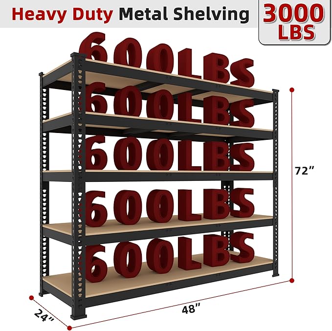 4 Packs 48" W x 24" D x 72" H Adjustable Garage Storage Shelves - 5-Shelf Heavy Duty Shelving Unit, Metal Utility Storage Organizer Racks for Warehouse Pantry Closet Kitchen, Black