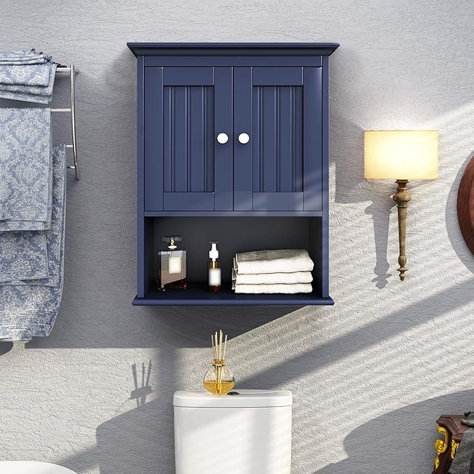 Treocho Wood Wall Cabinet, Bathroom Medicine Cabinet Storage with Doors and Adjustable Shelf, Rustic Cabinet Wall Mounted for Bathroom, Living Room, Kitchen, Blue