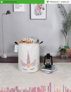 LANGYASHAN Laundry Basket Canvas Fabric Collapsible Organizer Basket for Storage Bin Toy Bins Gift Baskets Bedroom Clothes Children Nursery Hamper (Round Pink Unicorn)