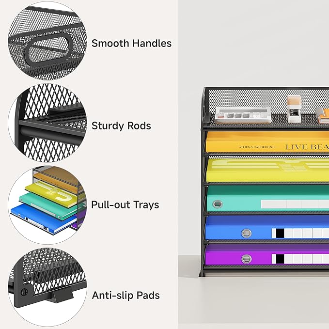 6 Tier Paper Organizer, Black Letter Tray with Handle, Mesh Desk Organizer, Metal File Organizer, Office Desk Accessories for Home, Office, Classroom, School