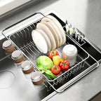 Expandable Over The Sink Dish Drying Rack - Adjustable Stainless Steel Dish Rack for Kitchen Counter or In-Sink, Heavy-Duty Rust-Proof Space Saving Drainer with Utensil Holder (15.5" to 23.2")