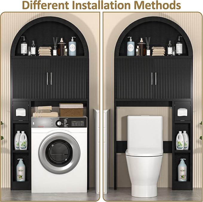 Over The Toilet Storage Cabinet, Bathroom Organizer Over Toilet, Arched Storage Organizer Cabinet with Anti-Tip Device and Adjustable Shelf for Washroom Laundry and Restroom, Black