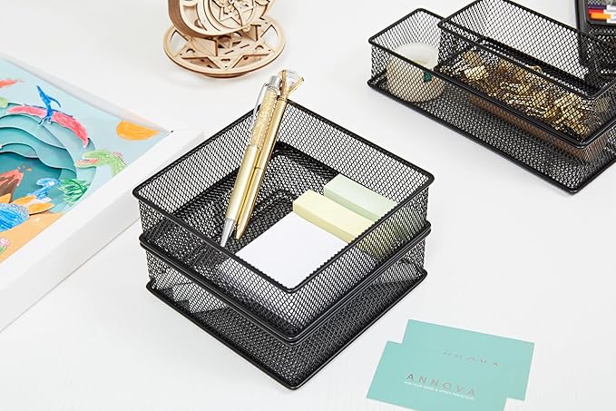 Annova Mesh Stackable Drawer Cabinet and Shelf Organizer Bins Storage Basket School Office Supply Holder Tray- Set of 2 (Black, 6x6x2 Inch)