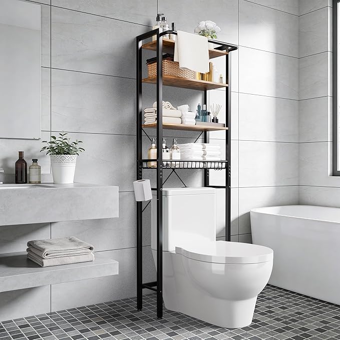 Over-The-Toilet Storage Shelf, 4-Tier Bathroom Organizer Shelf, Freestanding Space Saver Shelves Over Toilet with Adjustable Shelf for Bathroom, Brown