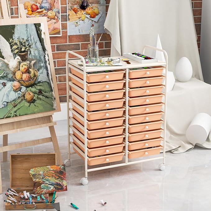 GOFLAME 20-Drawer Rolling Storage Cart, Multifunctional Art Craft Organizer Cart, Mobile Utility Storage Cart with Removable Drawers & Lockable Wheels, Craft Cart for Home Office, Peach Fuzz