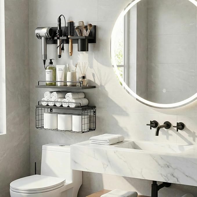Wall Mounted Bathroom Organizer Shelves Over Toilet, 3-Tier Rustic Wooden Floating Shelf with Metal Basket and Hair Care Styling Tool Holder for Toilet Paper, Towels & Toiletries, Bathroom Decor