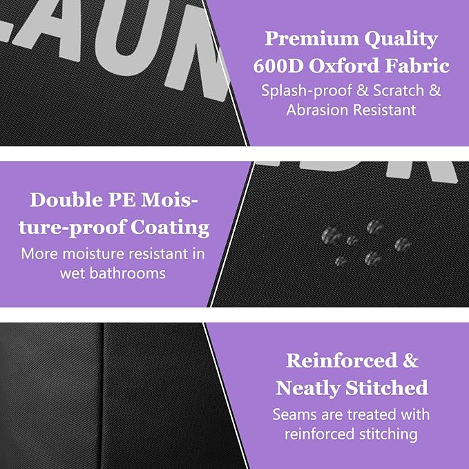 3Pack Folding Clothes Hamper with Handles, 95L Tall Laundry Basket Organizer, Durable Laundry Bags, Large Dirty Clothes Hamper for Family, Travelling, Camping, Purple + Pink + Black