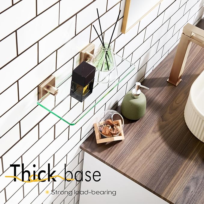 KOKOSIRI Glass Shelf Bathroom Hardware Kitchen Rack 12-Inch Floating Wall Shelves for Living Room, Shower Storage Champagne Bronze Steel B1107CPG-L12