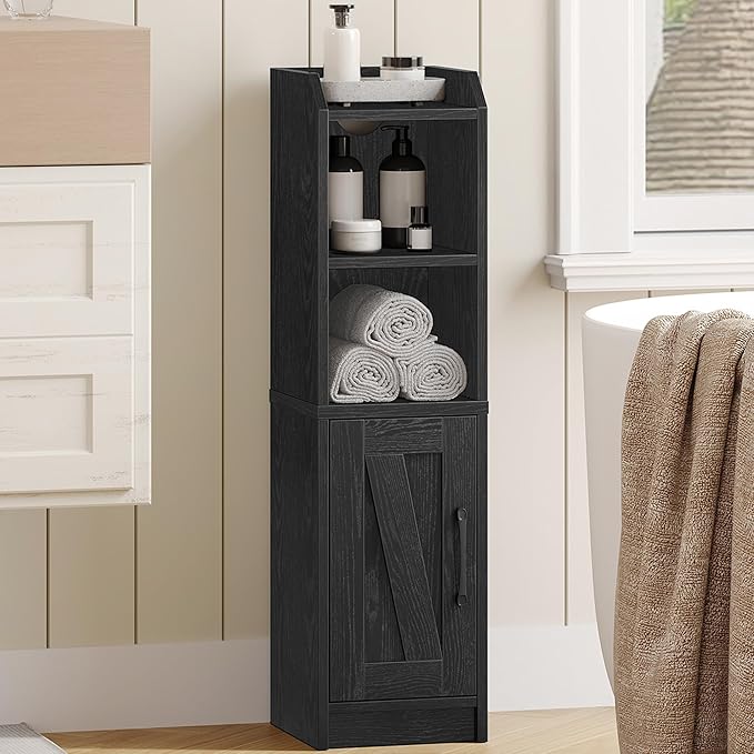 Bathroom Storage Cabinet, Small Farmhouse Corner Floor Cabinet with Door and Shelves, Narrow Toilet Paper Holder Stand, Bathroom Organizer with Adjustable Shelf, for Small Spaces, Black
