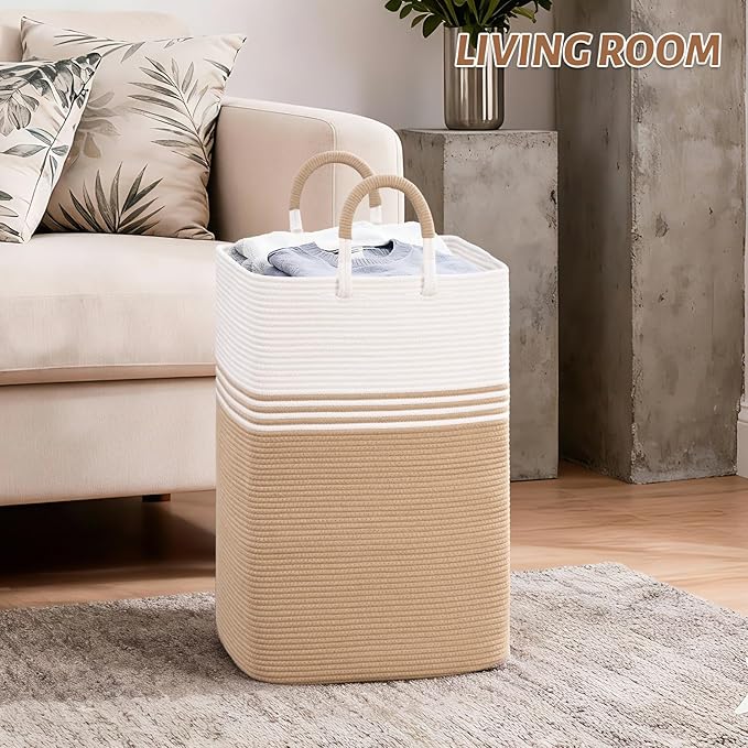 Laundry Basket Hamper,Blanket Storage,Dirty Clothes Hamper with Swivel Handles,Woven Cotton Rope Toy Baskets,Blanket Basket Living Room,Decorative Hampers for Nursery,Bedroom,White & Brown,100L