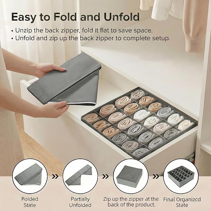 Gray 24 Grid 3 Pack Foldable Underwear Sock Storage Organizer, Non-Woven Fabric Closet Drawer Divider Bins for Socks, Ties, Baby Clothes, Dresser & Wardrobe Organization Boxes (Grey 3 Pack)
