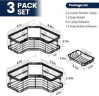 MAXIFFE 3 Pack Corner Shower Caddy with Soap Holder, Large Capacity Sturdy Adhesive Stainless Steel No Drilling Shower Organizer Shelves Rack Storage Inside Shower for Bathroom Family Renters, Black