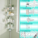 HapiRm Corner Shower Caddy Organizer - Shower Organizer Corner with Soap Holder, Toothbrush Holder and 4 Hooks, Rustproof Bathroom Shelf Tension Pole Available for 27.6 to 108.3 Inch - White