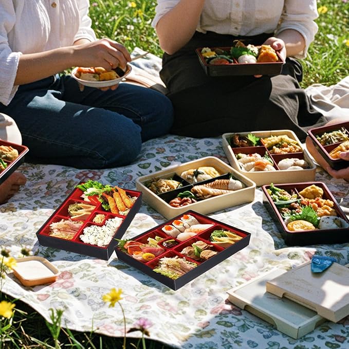 2 Pcs 12 x 9.5 x 2.2 Inch Japanese Lunch Box 6 Compartments Divided Bento Box with Greaseproof Adult Japanese Bento Lunch Container Sushi Home Restaurant