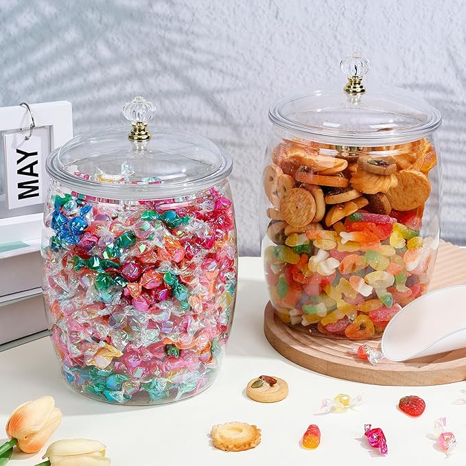 mwellewm 2Pcs 1 Gallon Candy Jars With Lids&Spoons Clear Plastic Cookie Container Large Airtight Apothecary Storage Organization Hard Snack Buffet Canister for Wedding Home Kitchen Bar Decoration