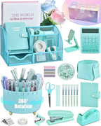 21Pcs Green and Blue Desk Organizers and Accessories With Mesh Desk Organizer and 360°Rotating Pen Holder and a Lot of Office Green Office Supplies Beautifully Presented in a Gift Box