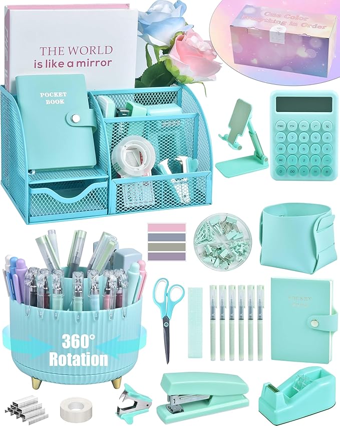21Pcs Green and Blue Desk Organizers and Accessories With Mesh Desk Organizer and 360°Rotating Pen Holder and a Lot of Office Green Office Supplies Beautifully Presented in a Gift Box