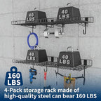 4 Pack Garage Wall Shelf, Wall Mounted Storage Shelves, Heavy Duty Metal Shelves for Room Wall, Loads 160 LBS Floating Shelves Mesh Storage Rack for Garage, Office, Basement,Wall Cabinet and Kitchen